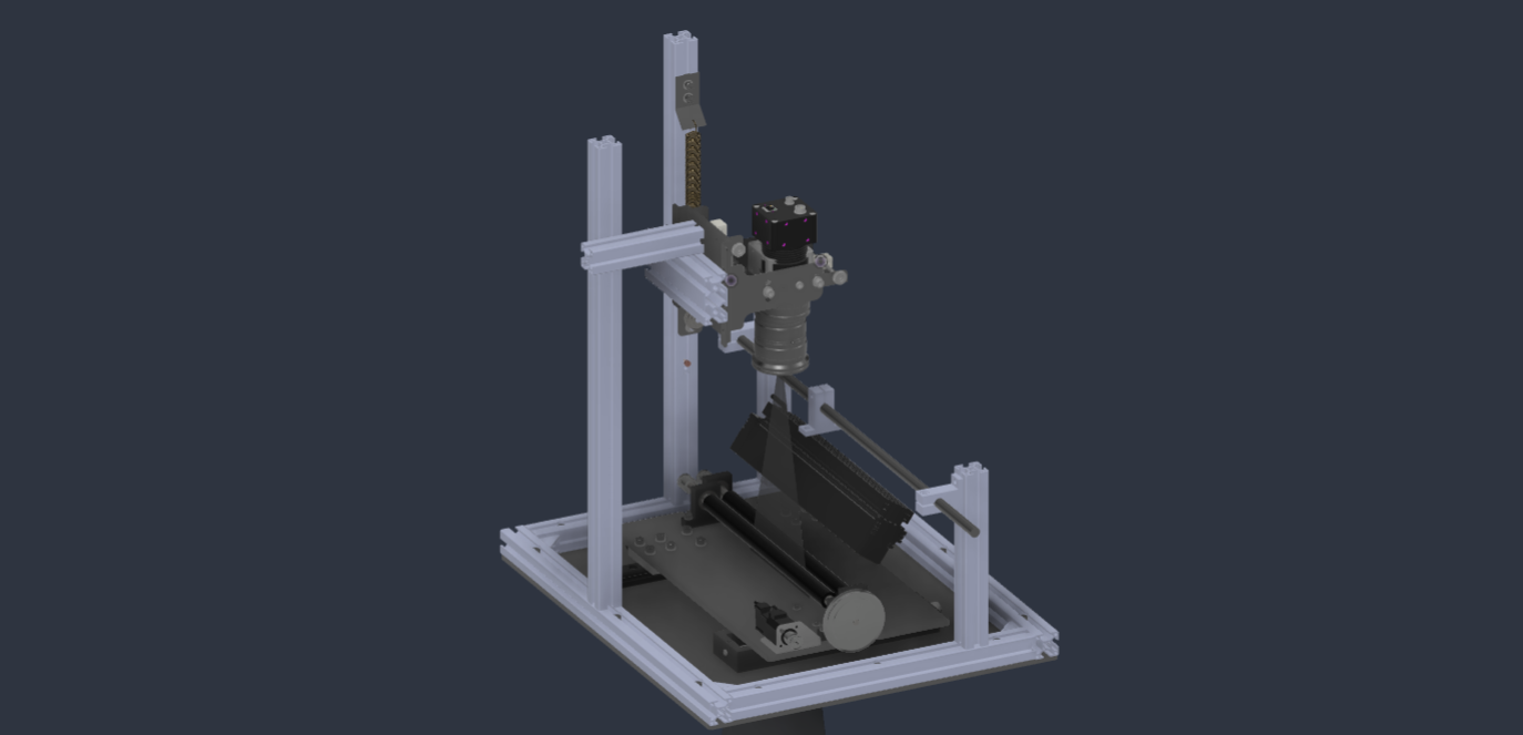 Full CAD assembly with frame, camera mount, line lighting, and roller fixture
